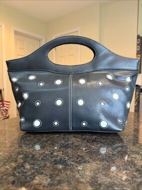 Source Unknown GG Black Leather Tote with Cream Circle Appliqués